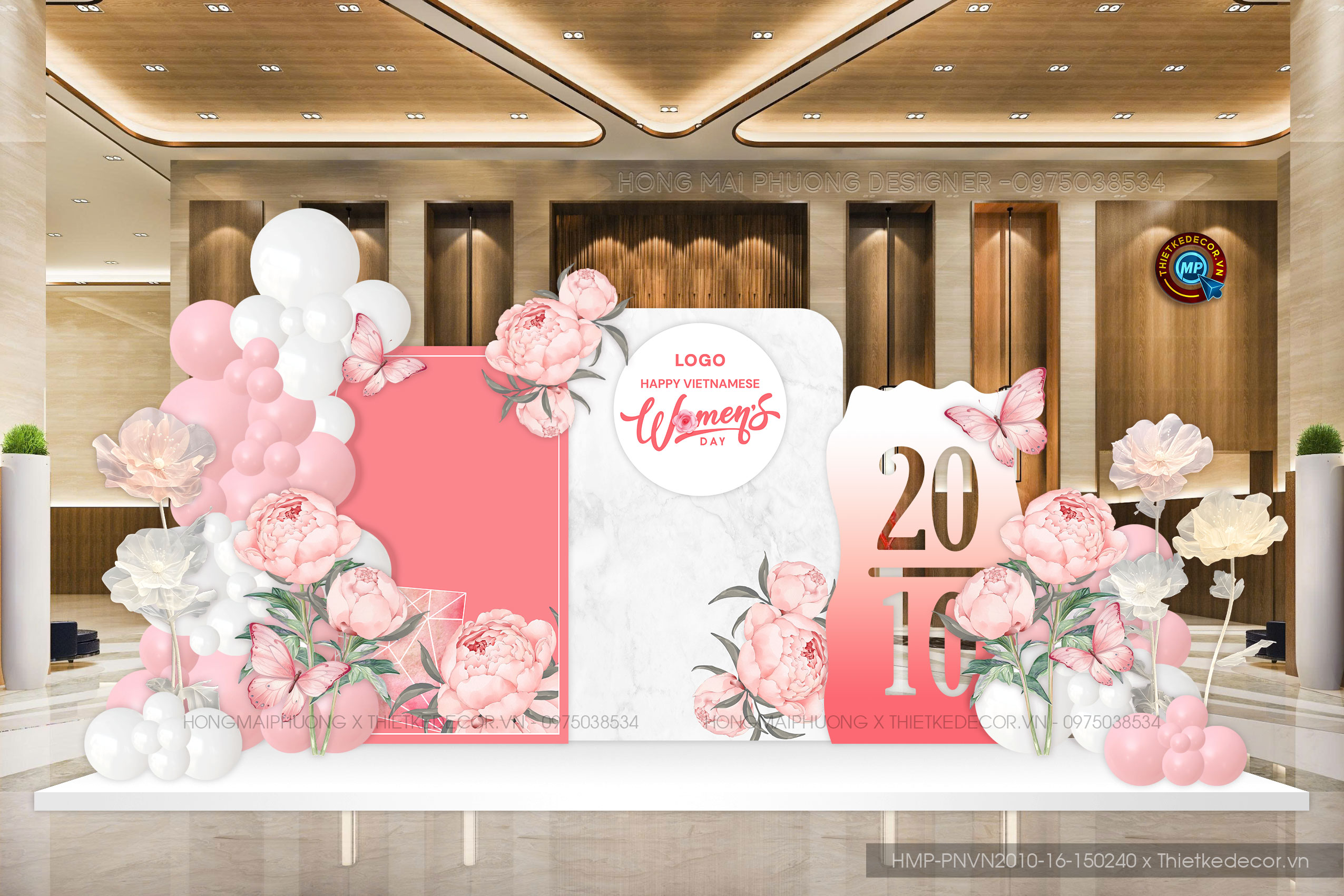 Backdrop check in PNVN 20-10 tone trắng hồng hoa bướm sinh động